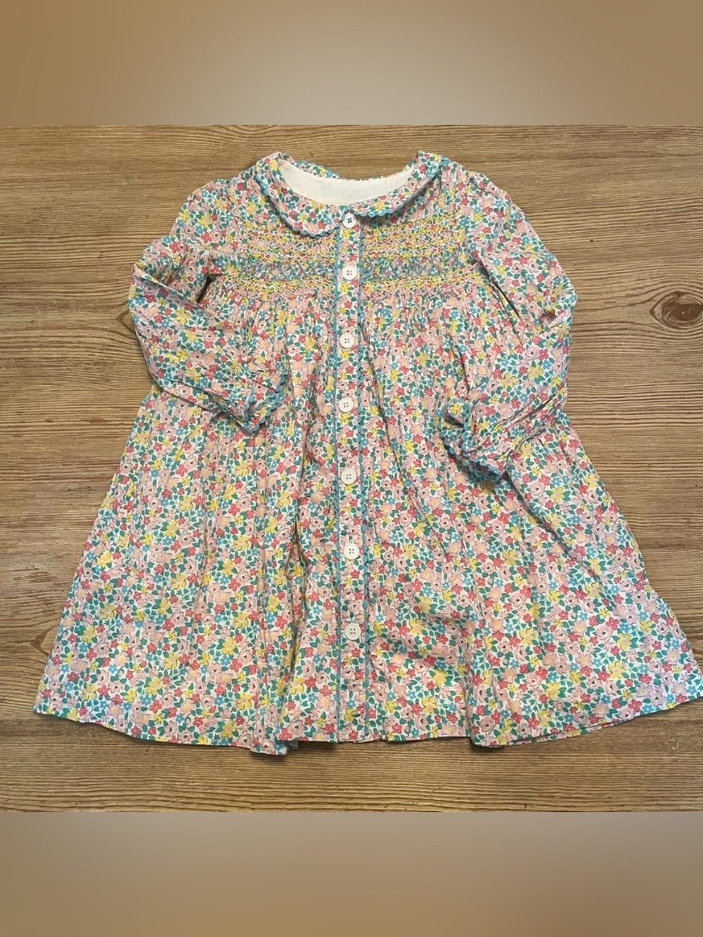 Mini Boden Pink Multicolor Floral Button-Front Smocked Dress